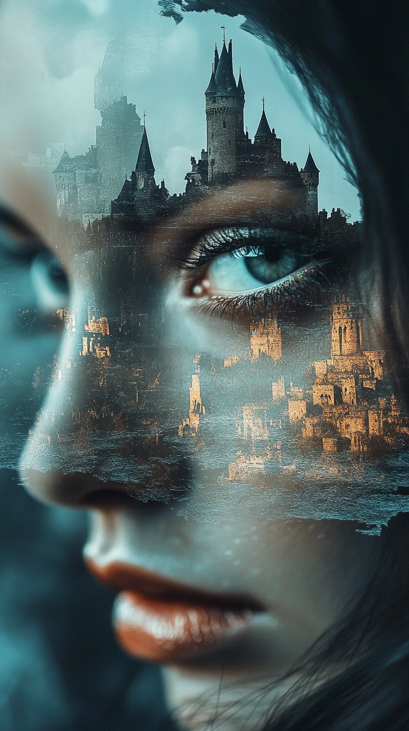 Paisagem surreal de castelo surgindo no rosto de uma mulher