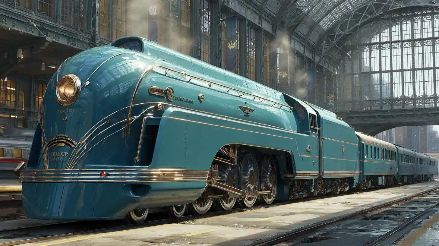 Tren art déco aerodinámico saliendo de estación urbana al atardecer