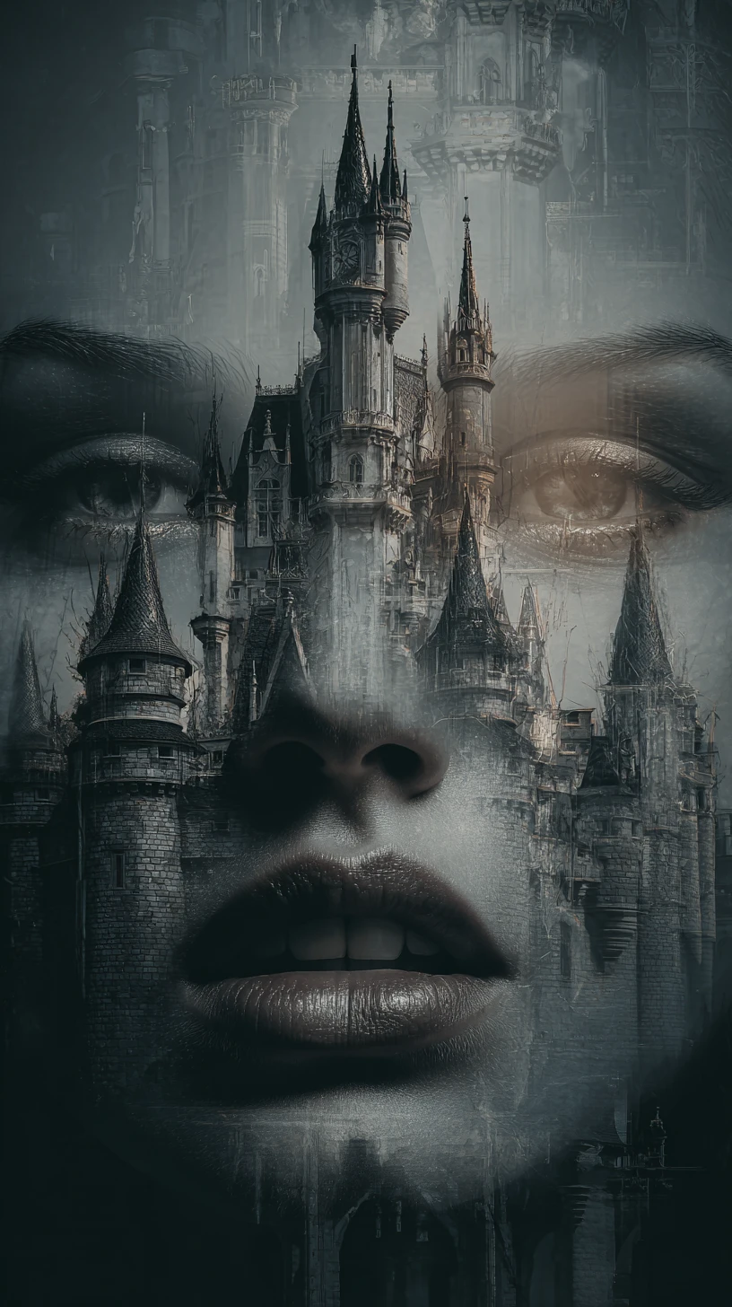 Rosto surreal de vampira com olhos brilhantes e castelo oculto