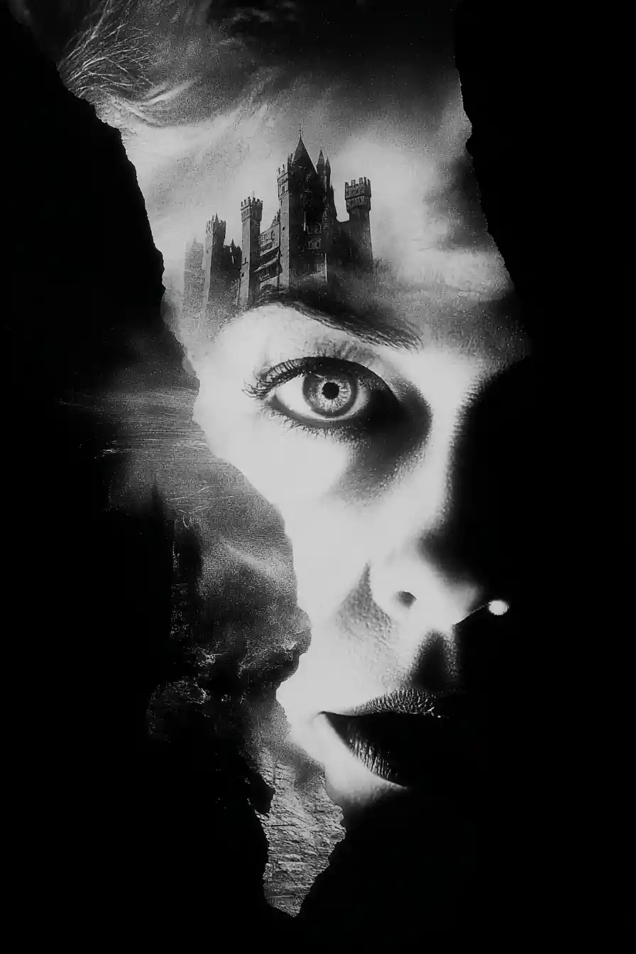 Castelo de Drácula fundindo-se com o rosto brilhante de sua esposa vampira