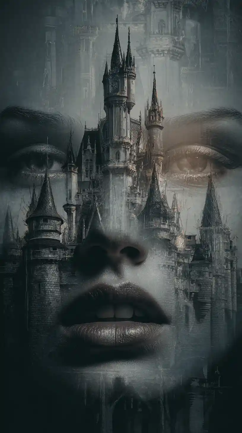 Rosto surreal de vampira com olhos brilhantes e castelo oculto