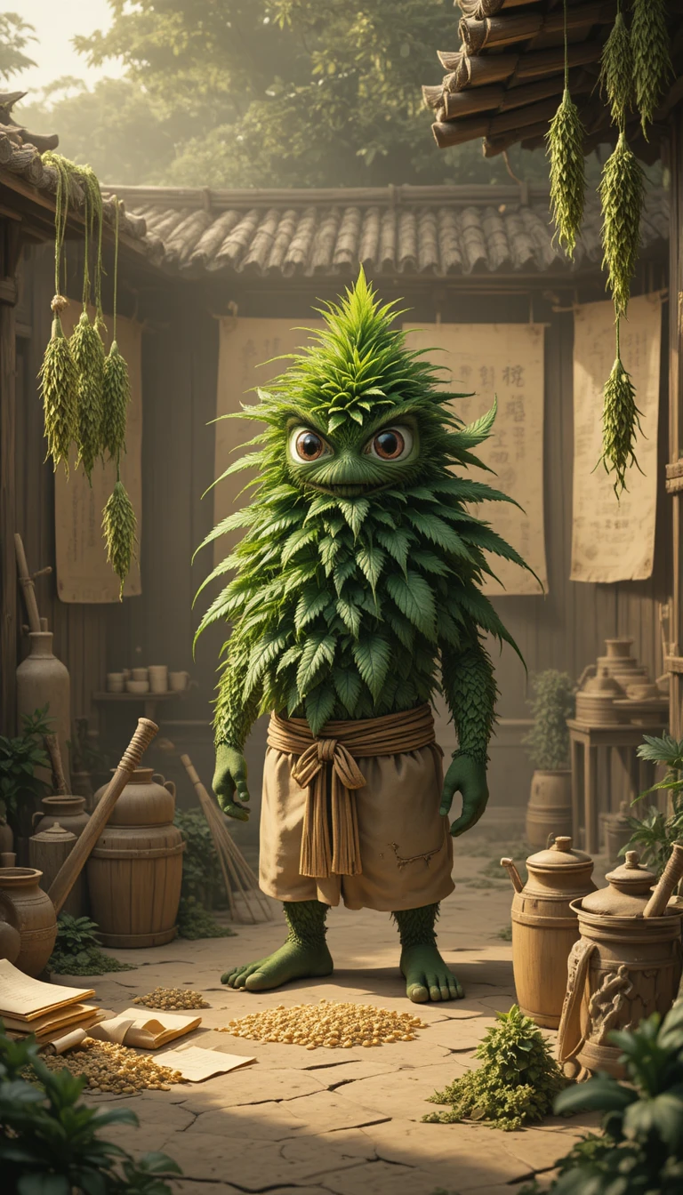 Cannabis-Maskottchen in einer antik-asiatisch inspirierten Agrarlandschaft