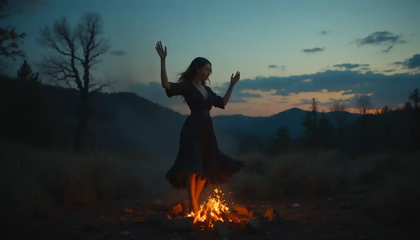 Young woman dancing by glowing campfire embers at night