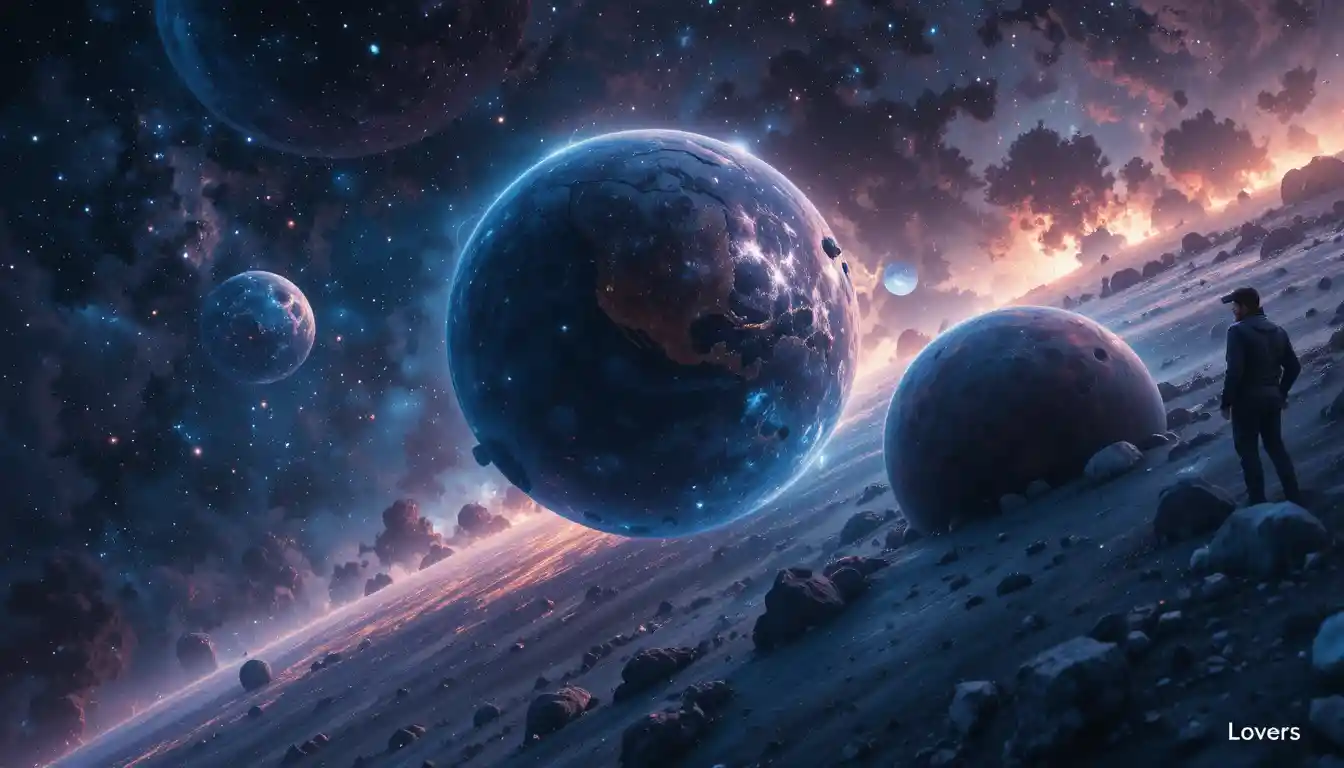Rostros románticos en planetas opuestos dentro de un universo cósmico
