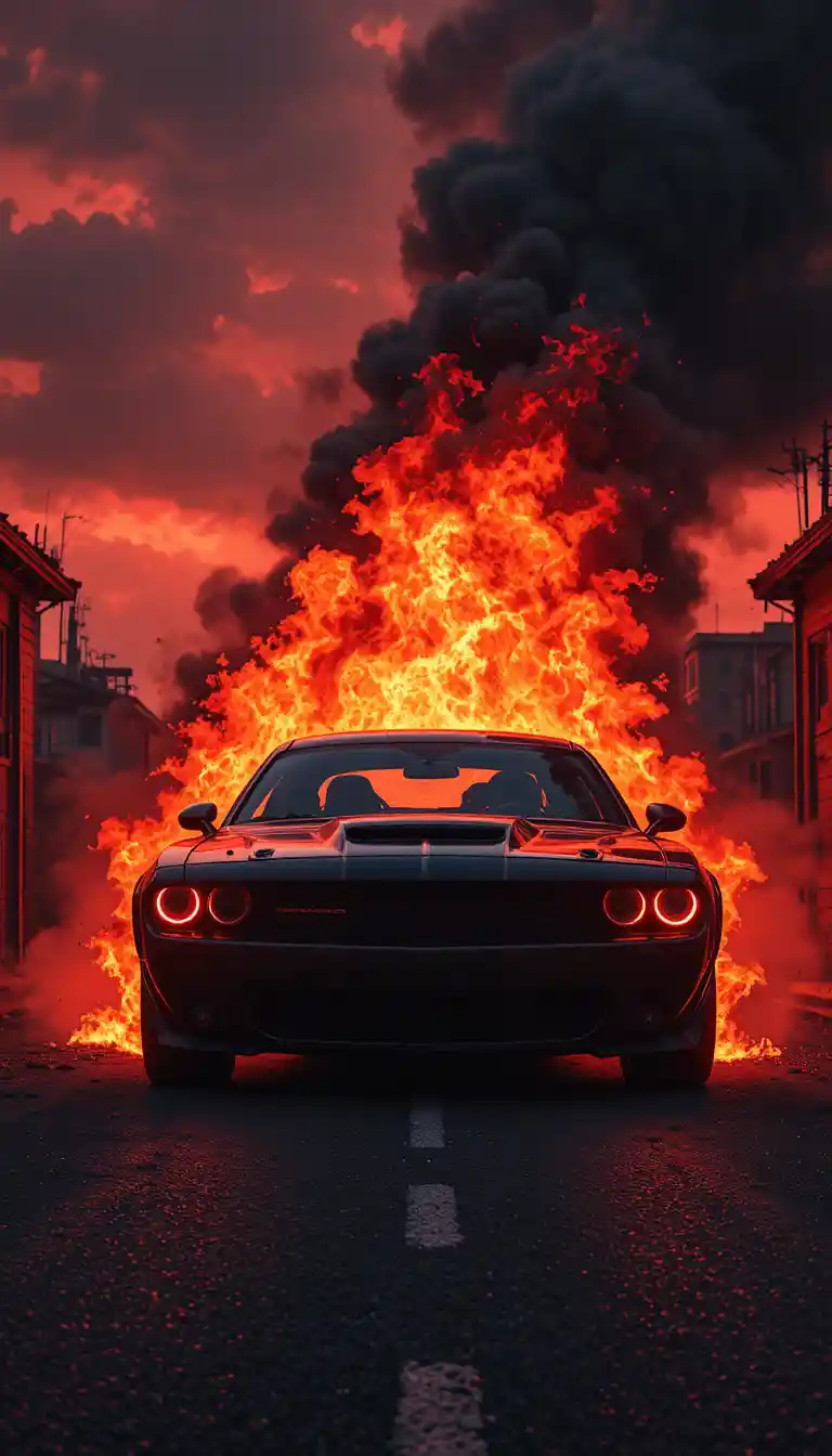 Muscle car in fiamme che emerge dal fuoco in una città oscura