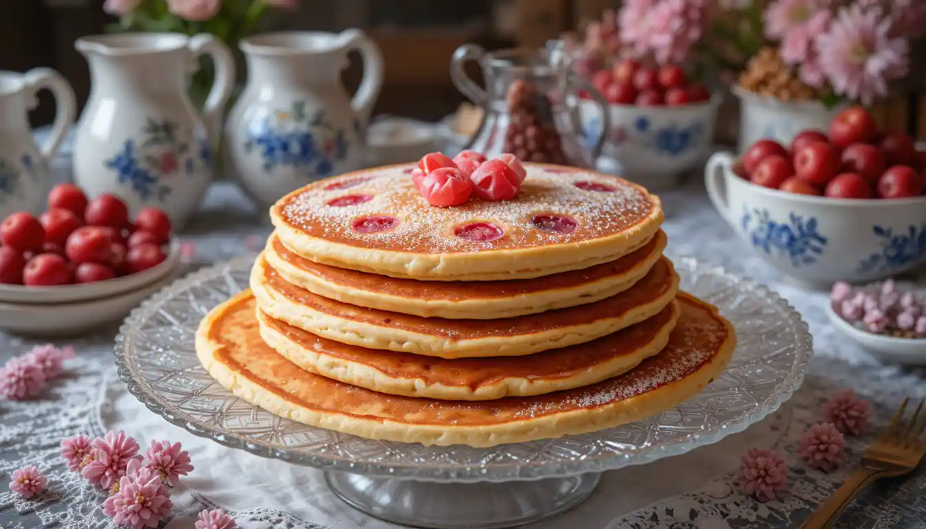 Pilha de panquecas rosadas em prato de cristal com jarras ao lado