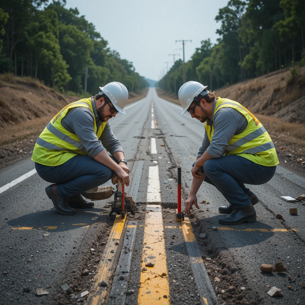 Engenheiros inspecionando estrada danificada com ferramentas de medição à luz do dia