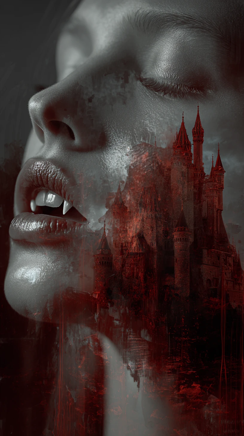 Retrato Surreal de Vampira com Castelo Escondido em Seu Rosto