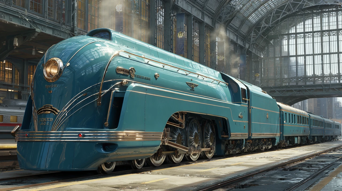 Tren art déco aerodinámico saliendo de estación urbana al atardecer