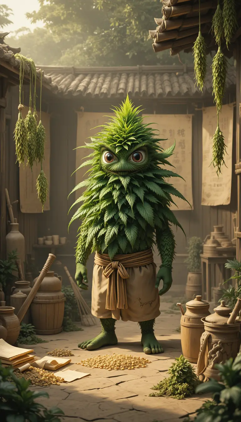 Cannabis mascot in an ancient Asian inspired farming landscape