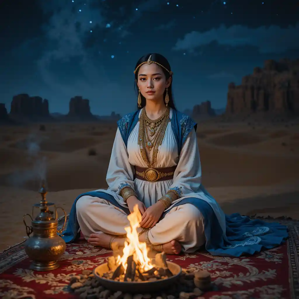 Regal woman by a desert fire under the night sky