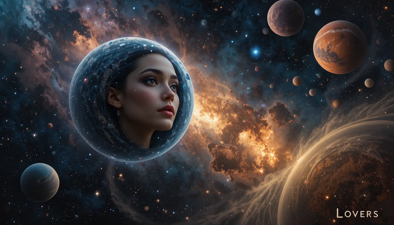 Romantisches Universum mit Planeten und Liebenden