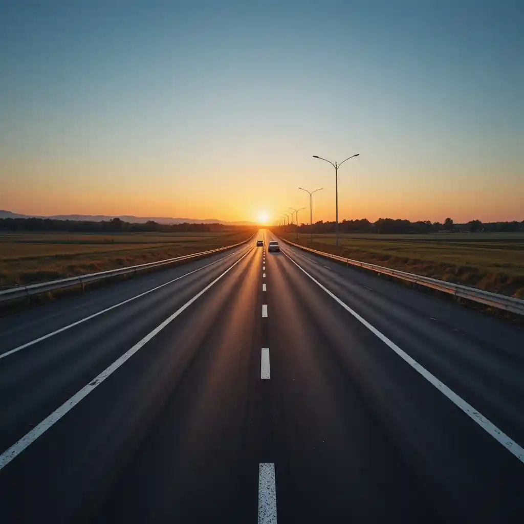 Carros dirigindo em uma rodovia de asfalto preto ao pôr do sol