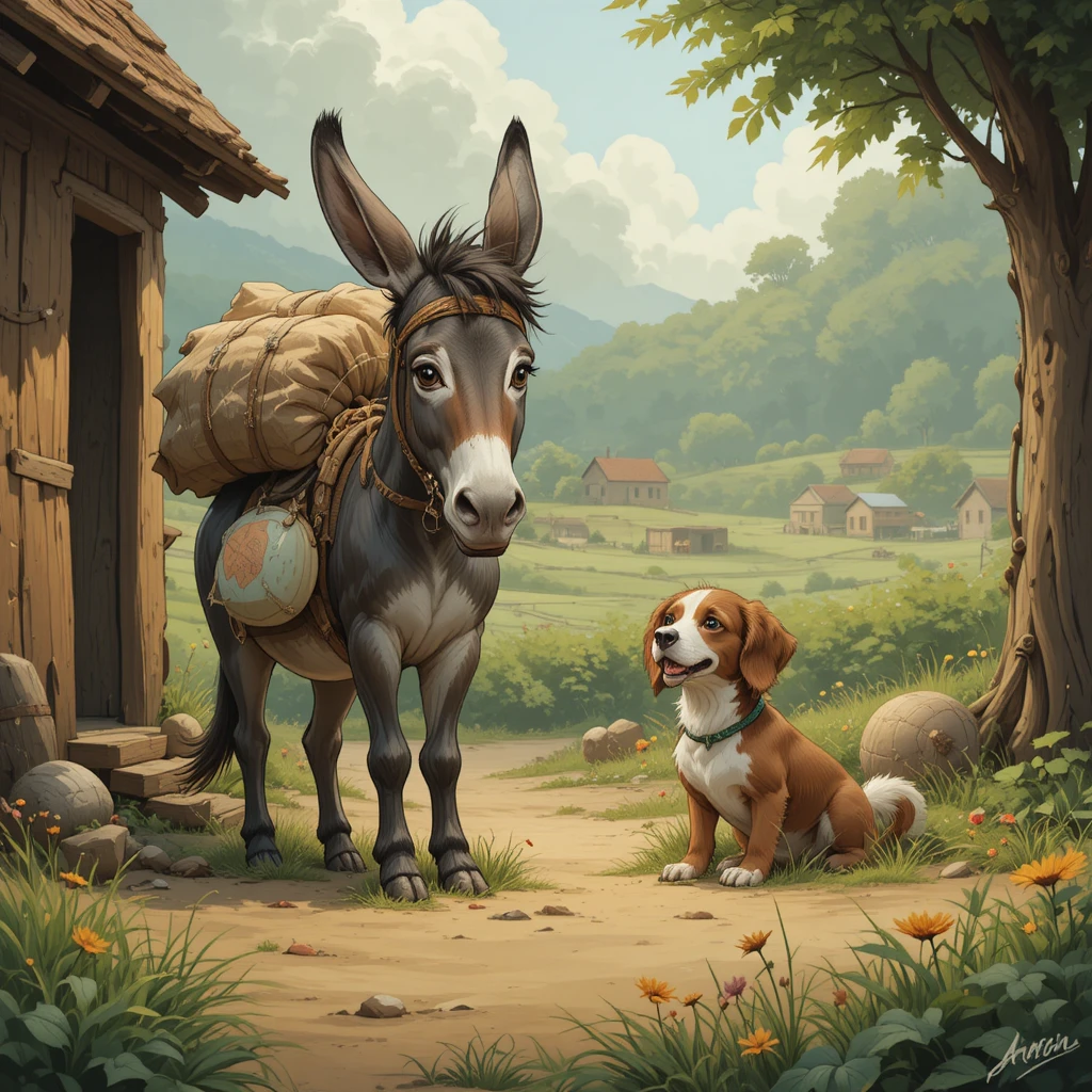 Esel Danny und Hund Bruno zusammen auf einem kleinen Bauernhof