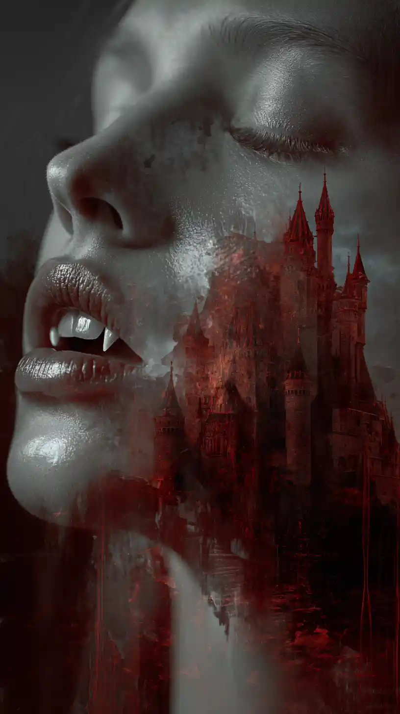 Retrato Surreal de Vampira com Castelo Escondido em Seu Rosto