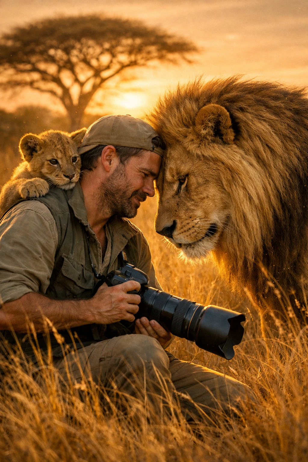 Wildlife photographer bonding with lions in golden savanna light