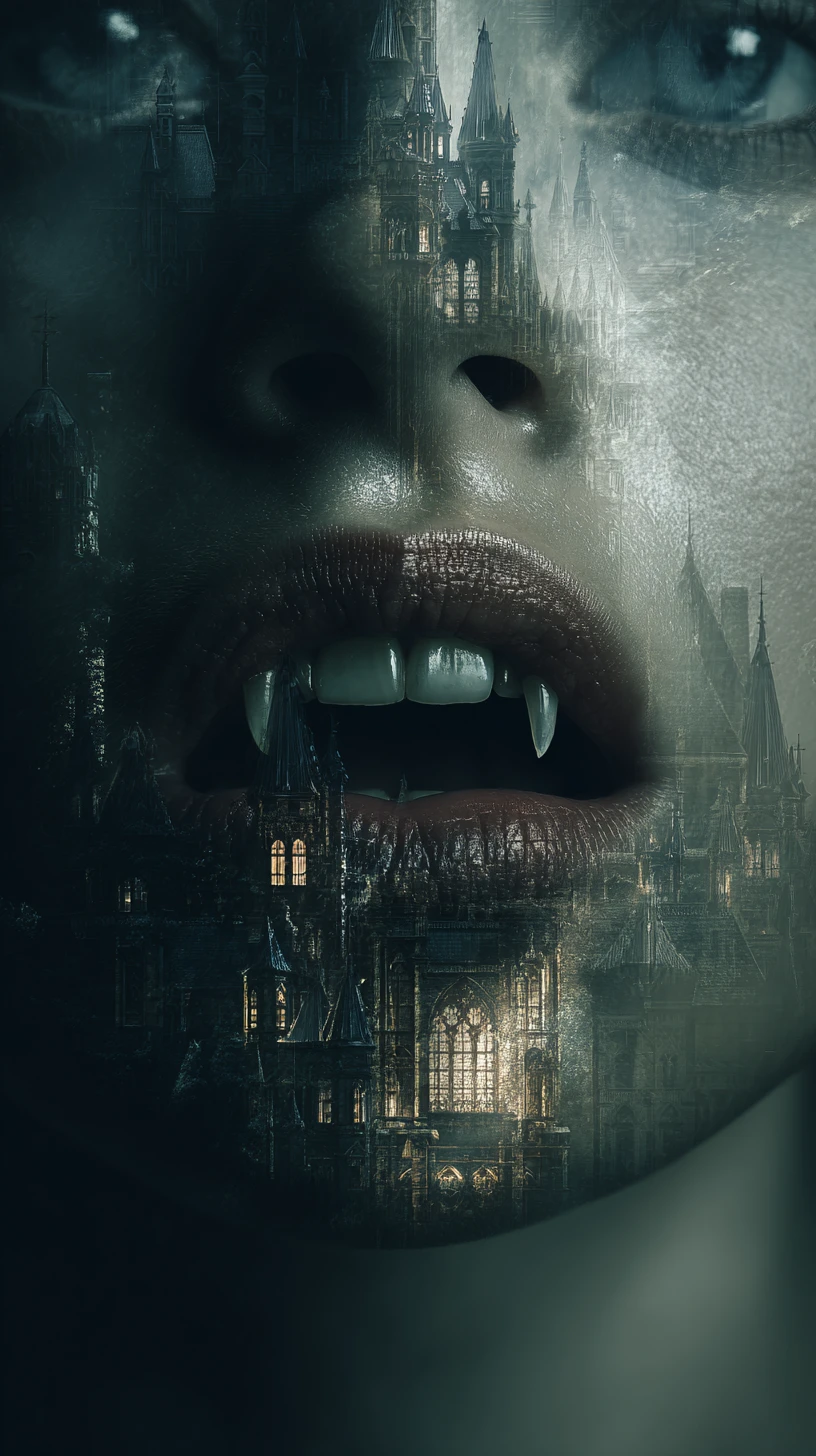 Rosto de Vampira emoldurando um Castelo Gótico Distante