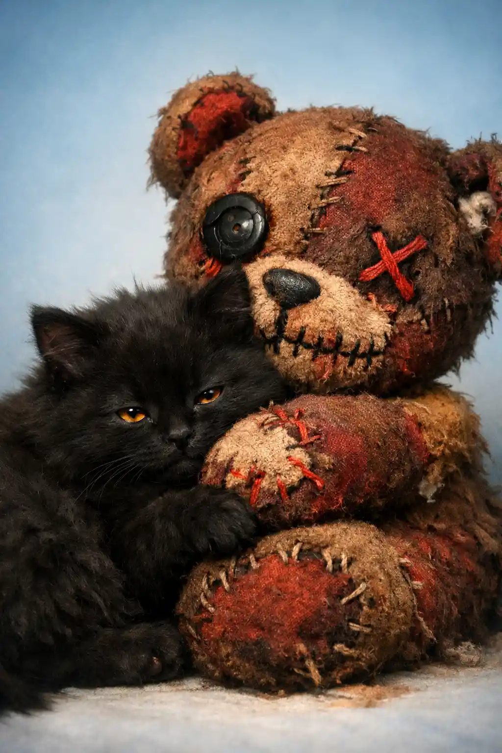 Adorable chaton noir câlinant un ours en peluche patchwork usé