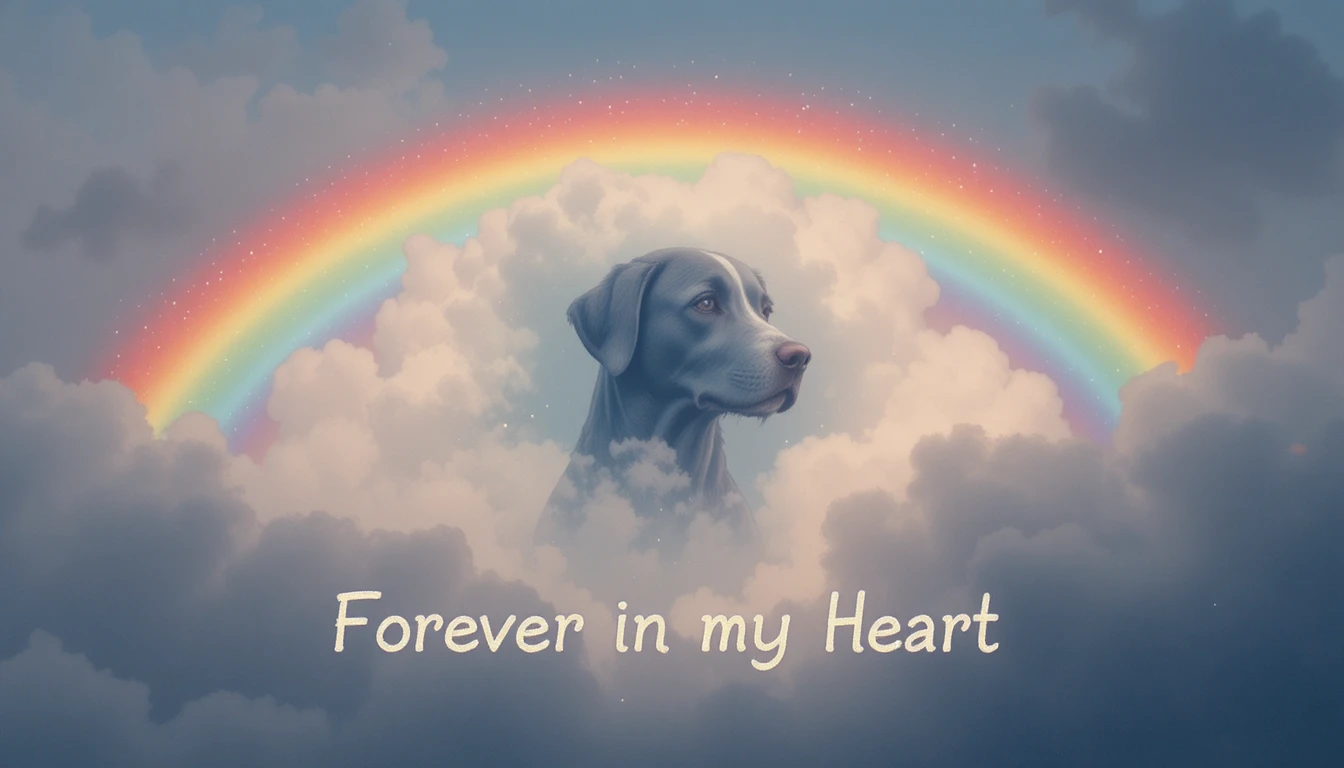 Arco-íris colorido com nuvem em forma de cachorro e texto memorial