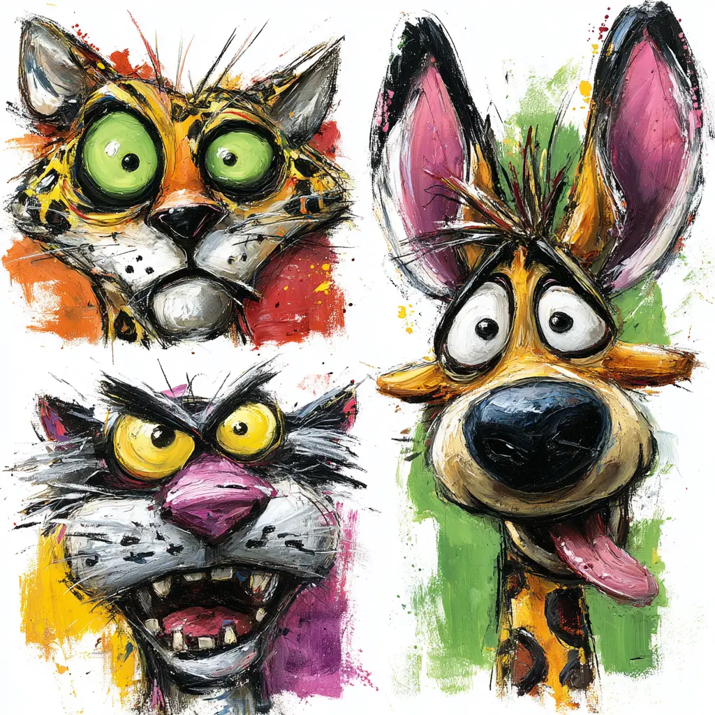 Verspielte Cartoon-Wildtiere in einer sauberen Rasterillustration