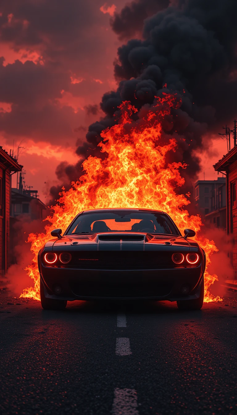 Flammender Muscle-Car, der aus Feuer in dunkler Stadt auftaucht