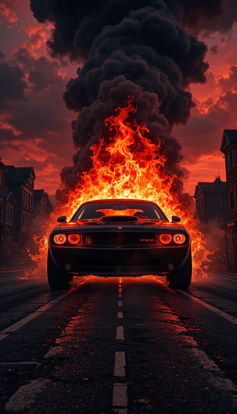 Feuriger Muscle-Car, der aus Flammen unter höllischem Himmel auftaucht