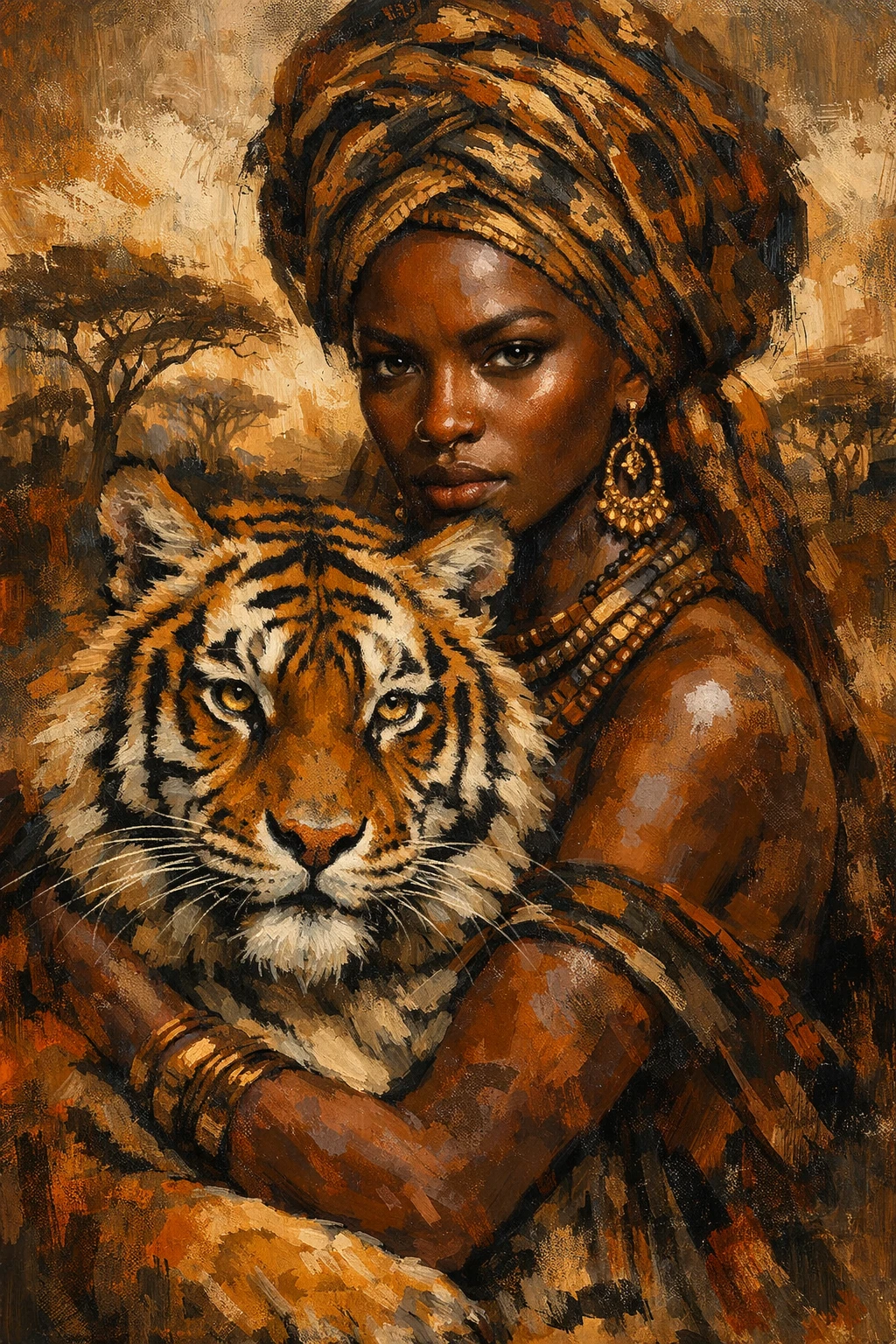 African woman holding tiger in warm savanna painting