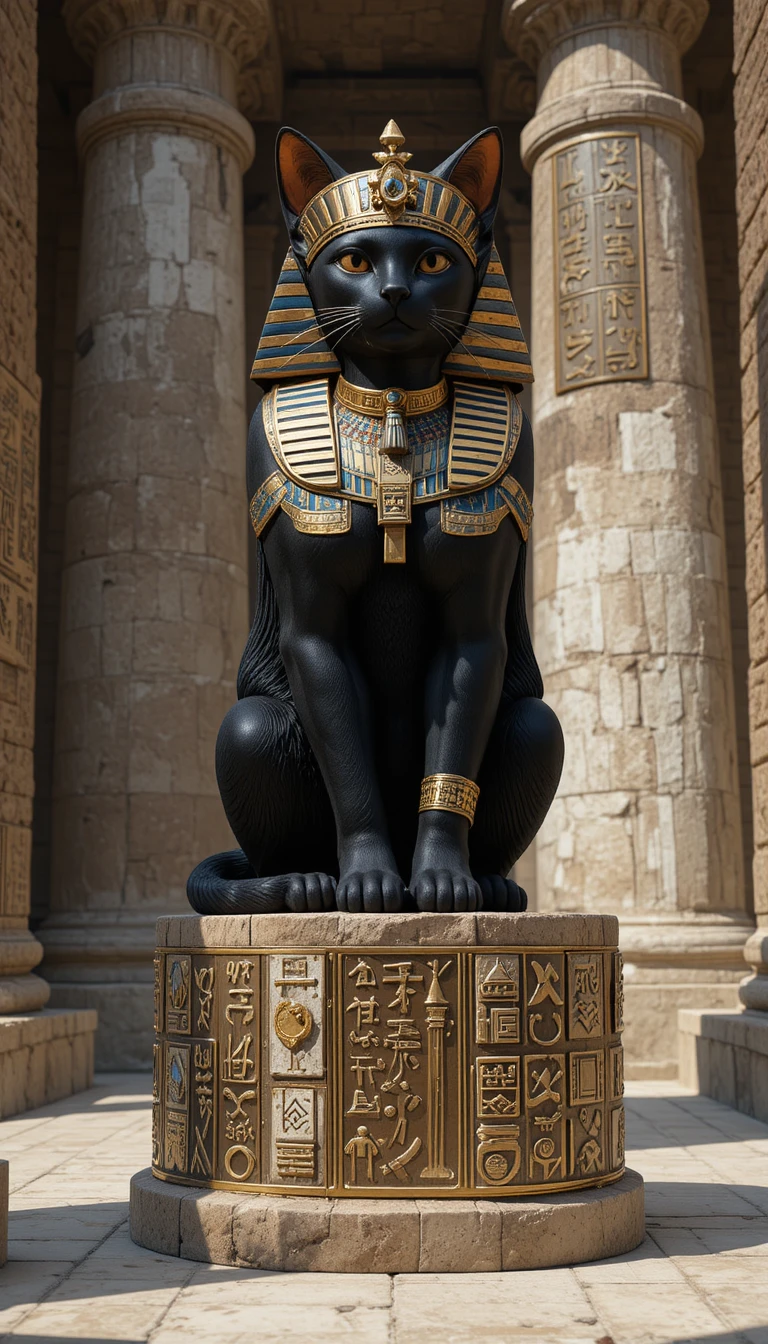 Golden black cat on pedestal in ancient temple hall