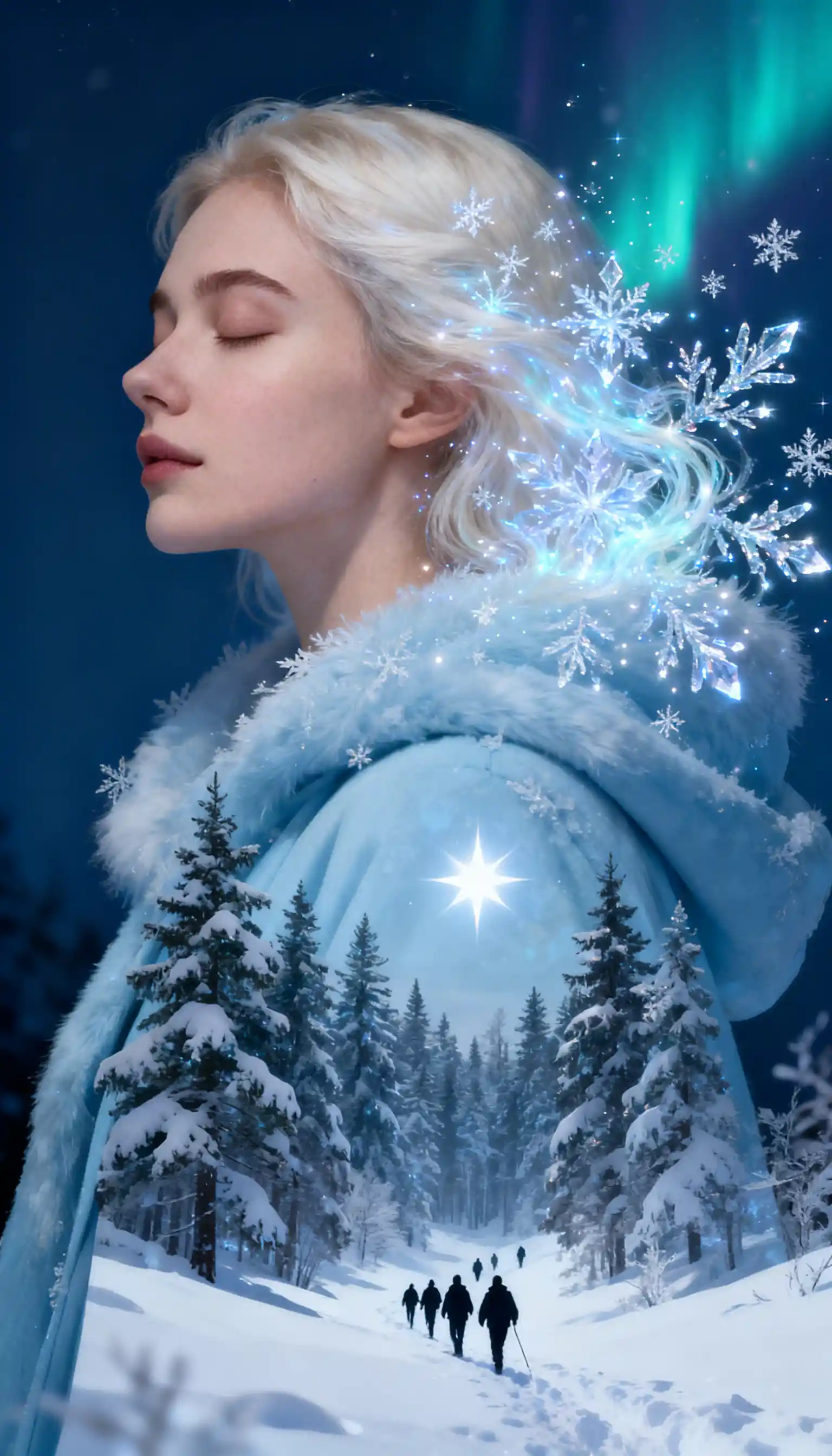 Ethereal Woman In Profile With Winter Forest Cloak