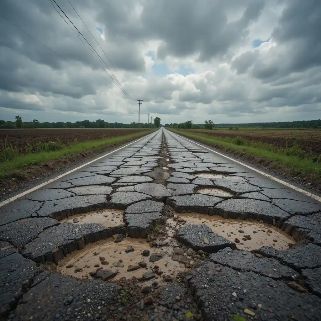 Kaputte Landstraße mit tiefen schlammigen Schlaglöchern unter Wolken