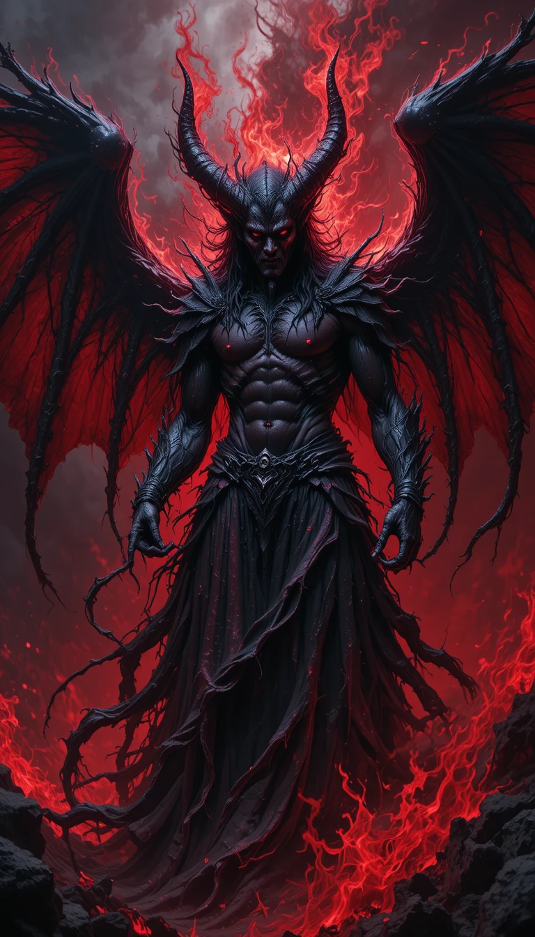 Figura demoníaca surgindo na escuridão flamejante do inferno