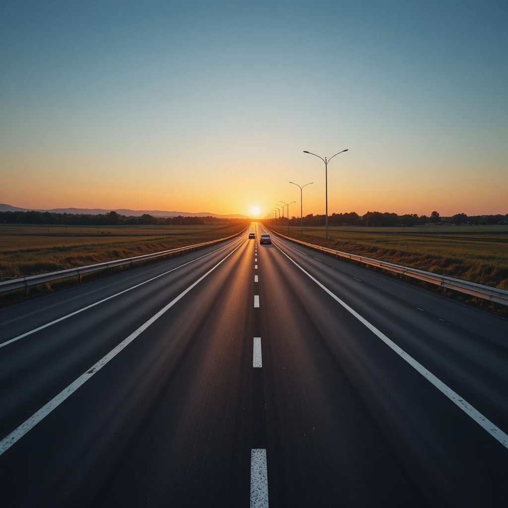 Carros dirigindo em uma rodovia de asfalto preto ao pôr do sol
