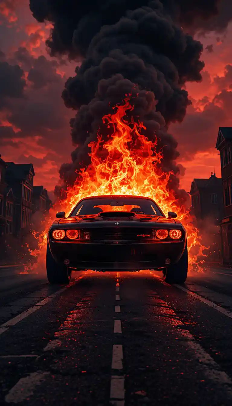 Muscle car infuocata che emerge dalle fiamme sotto un cielo infernale