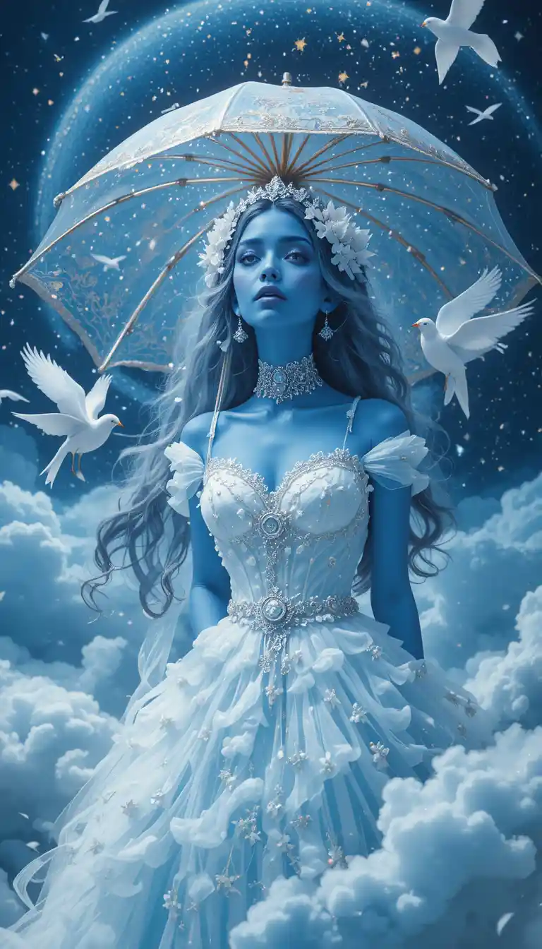 Blue skinned woman in clouds under a starry umbrella
