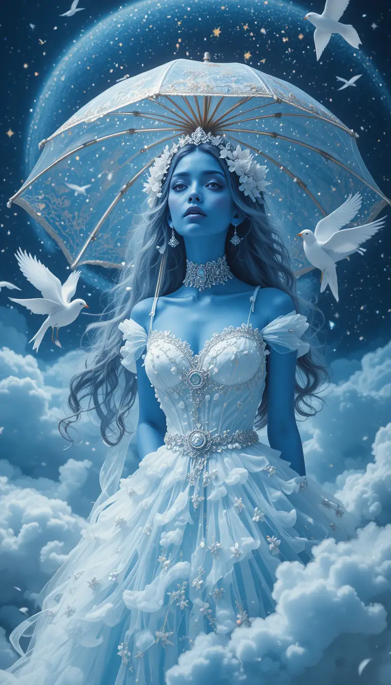 Blue skinned woman in clouds under a starry umbrella