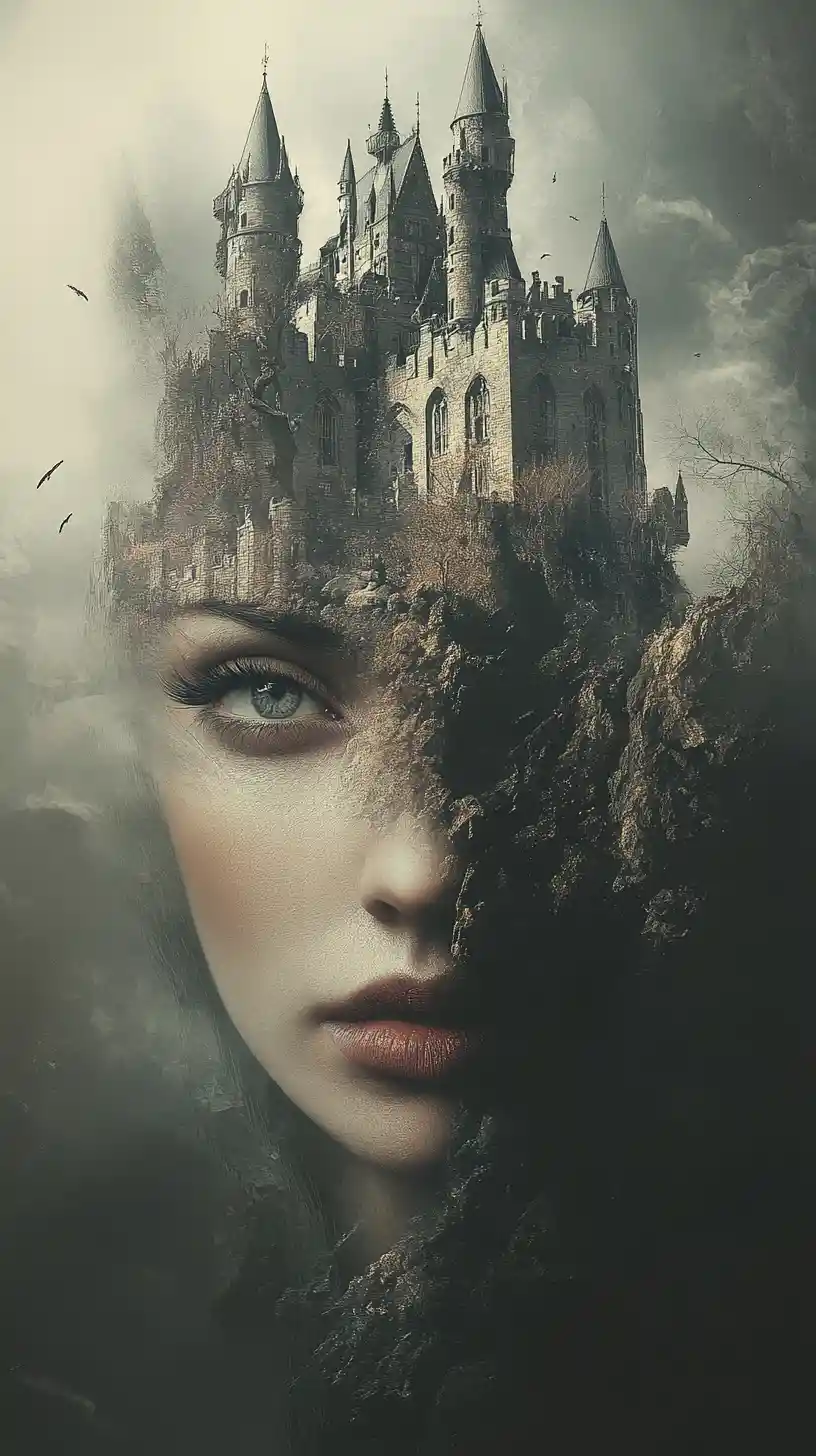 Paisagem surreal de castelo surgindo no rosto de uma mulher