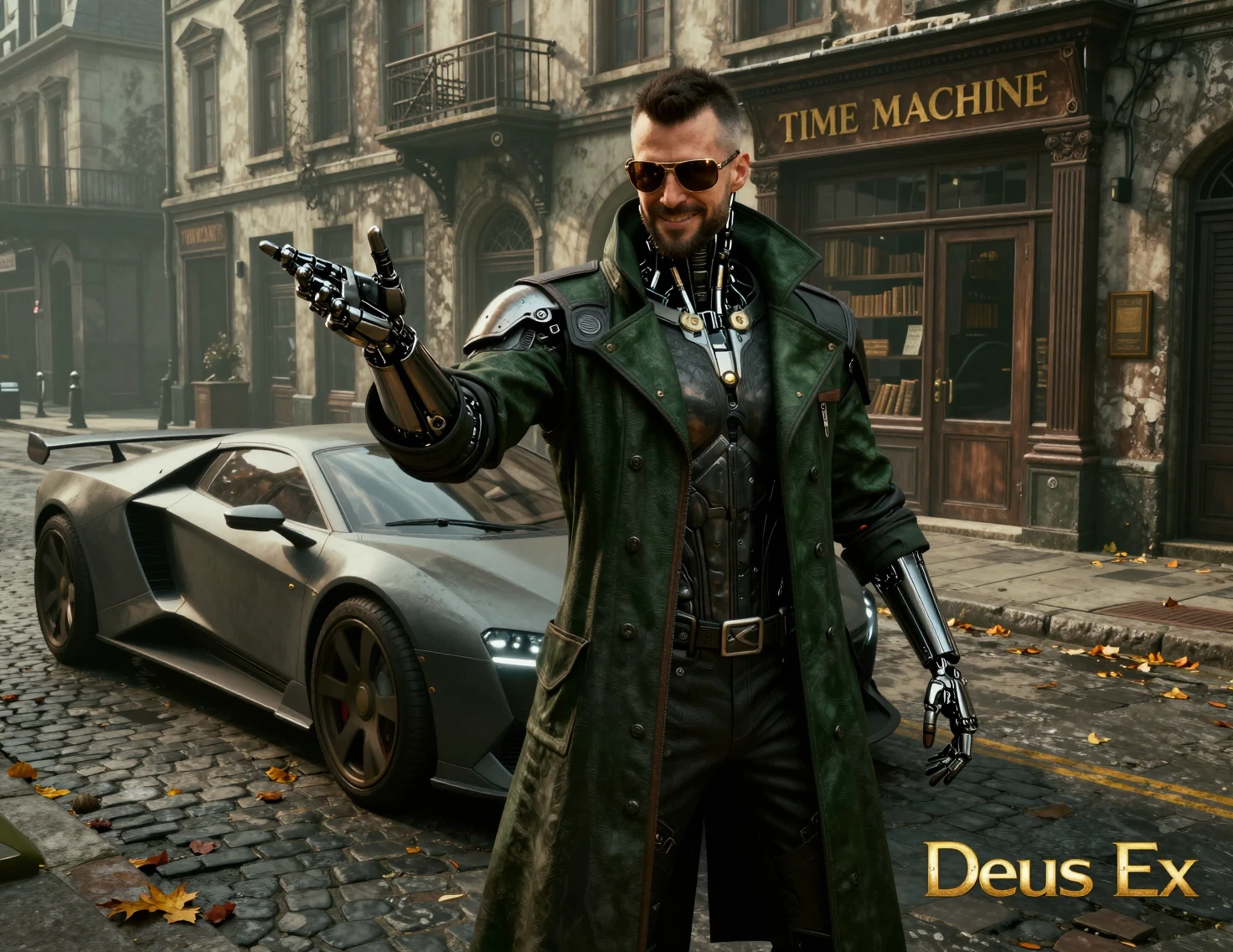 Detective aumentado en calle adoquinada junto a coche futurista