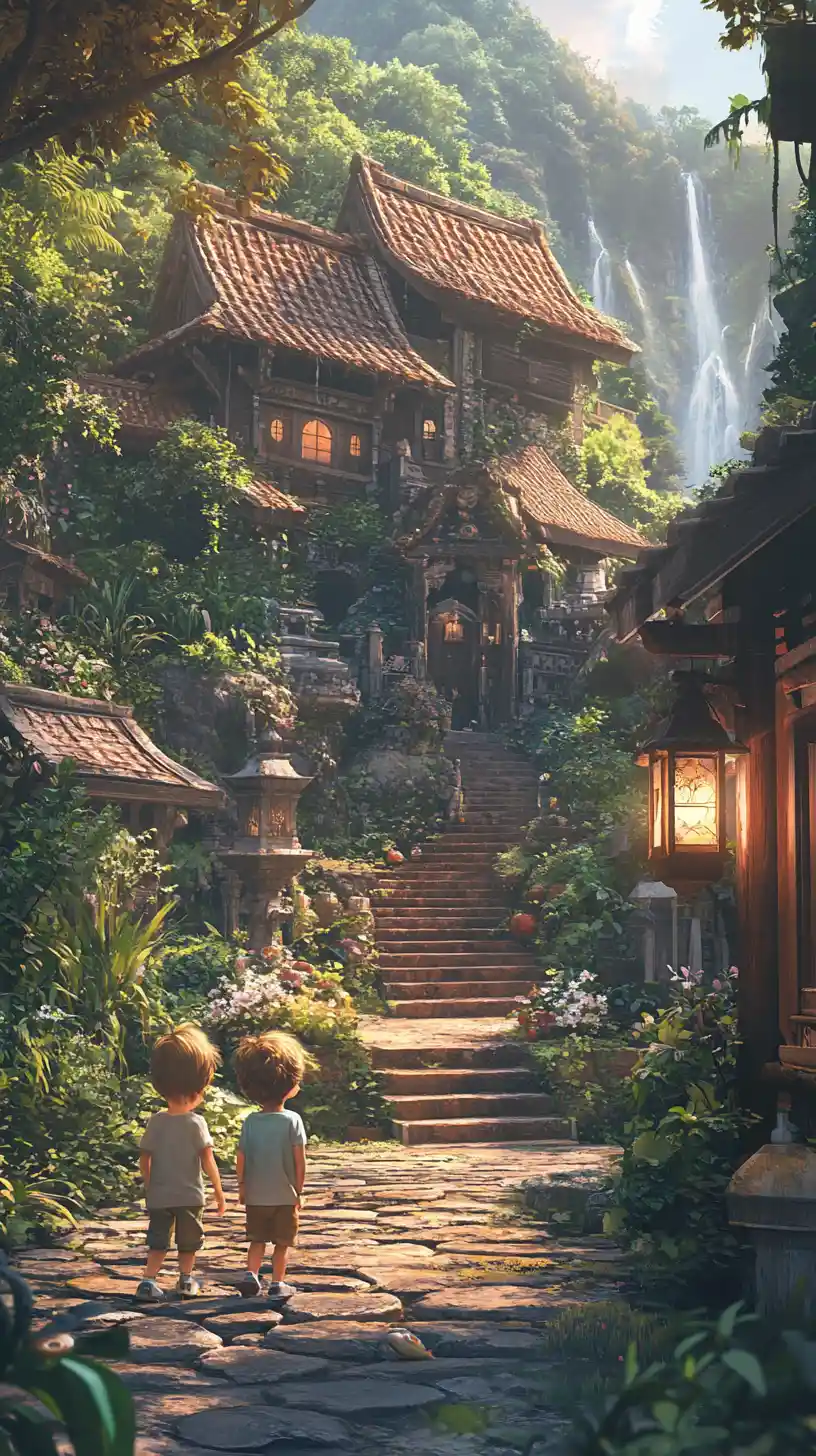 Traditional waterfall home with children on stone steps