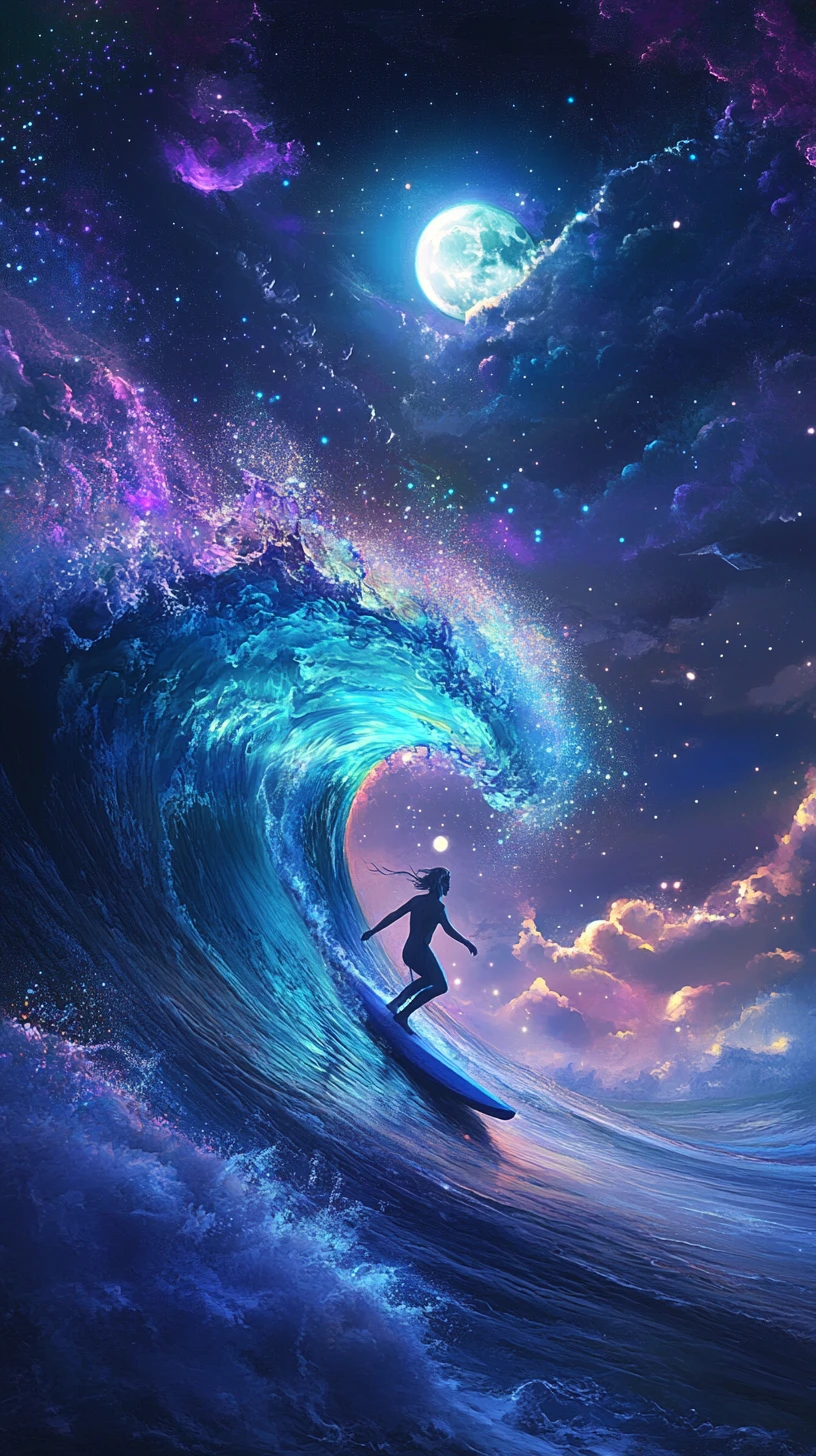 超現實衝浪者在發光月光下駕馭神秘浪潮