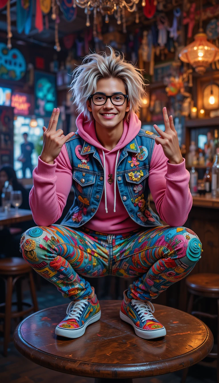 Jovem colorido detonando em um bar boêmio