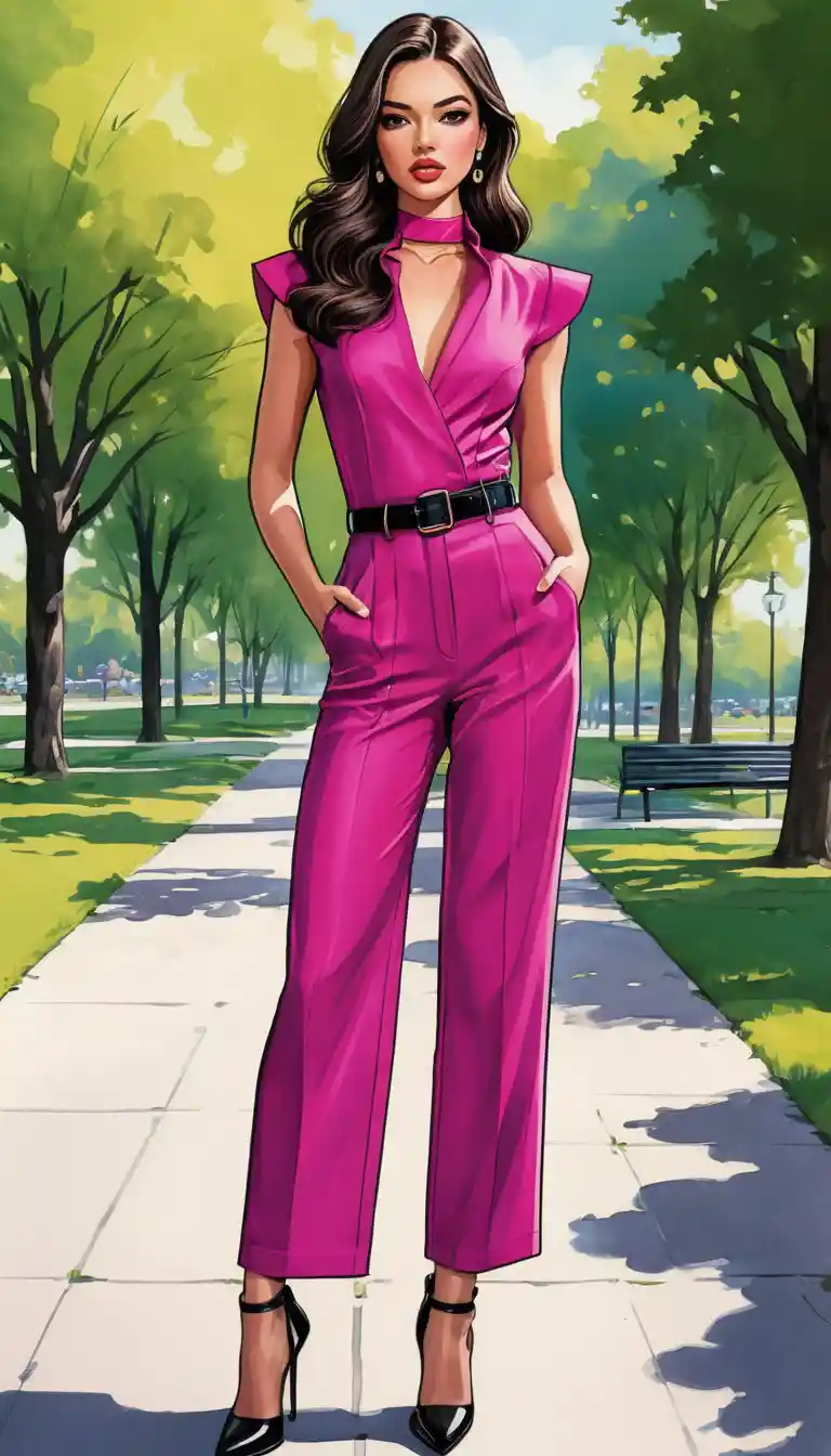 マゼンタのジャンプスーツを着たスタイリッシュな女性が晴れた公園に立つ