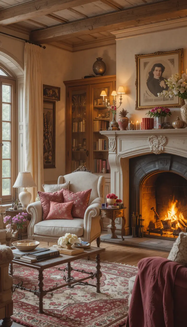 Cozy cottage living room with fireplace and soft warm light