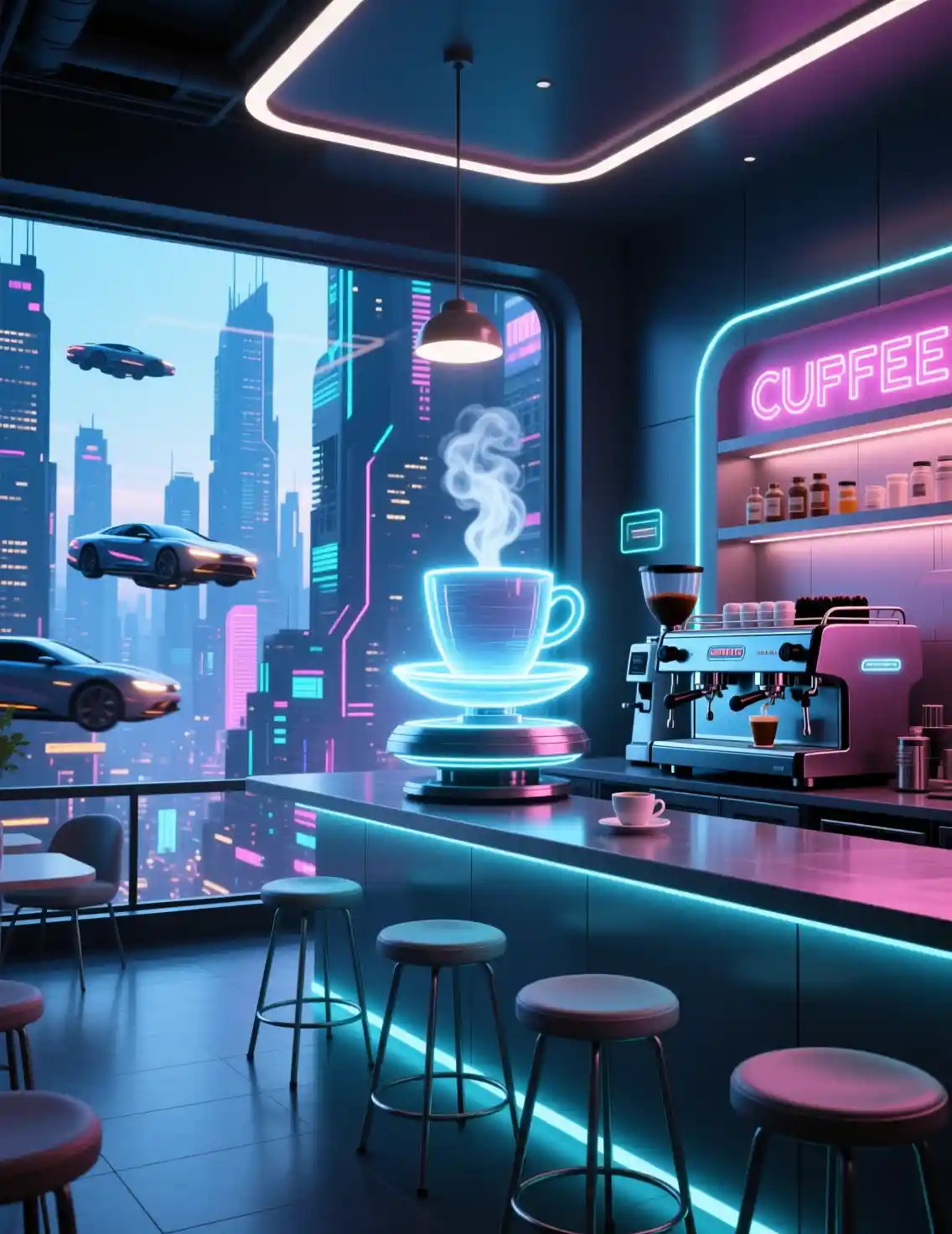 Futuristic Neon Coffee Shop With Holographic Projections
