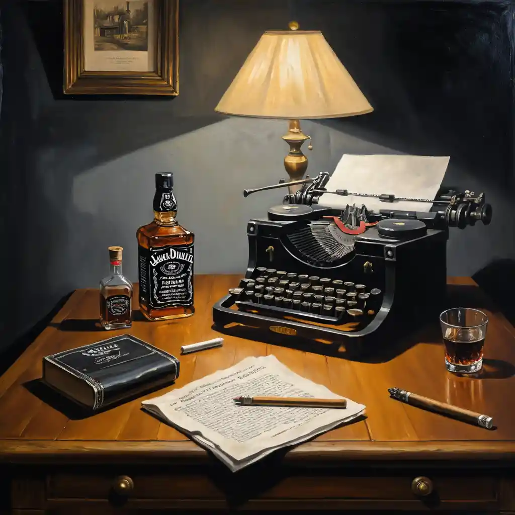 Moody still life with whiskey bottle and vintage typewriter