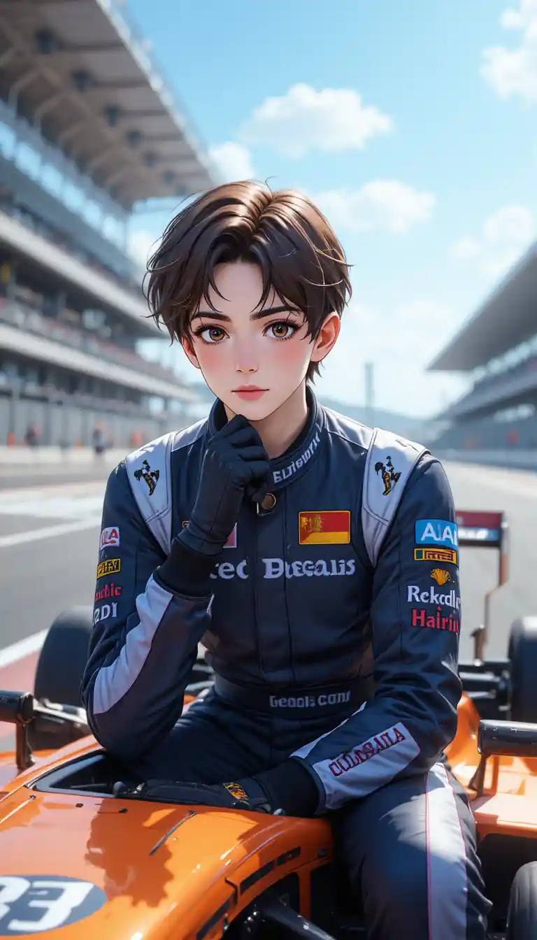 Pilote de course en style anime se reposant sur une voiture de formule élégante