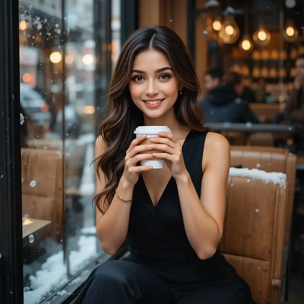 Woman enjoying coffee by a snowy cafe window