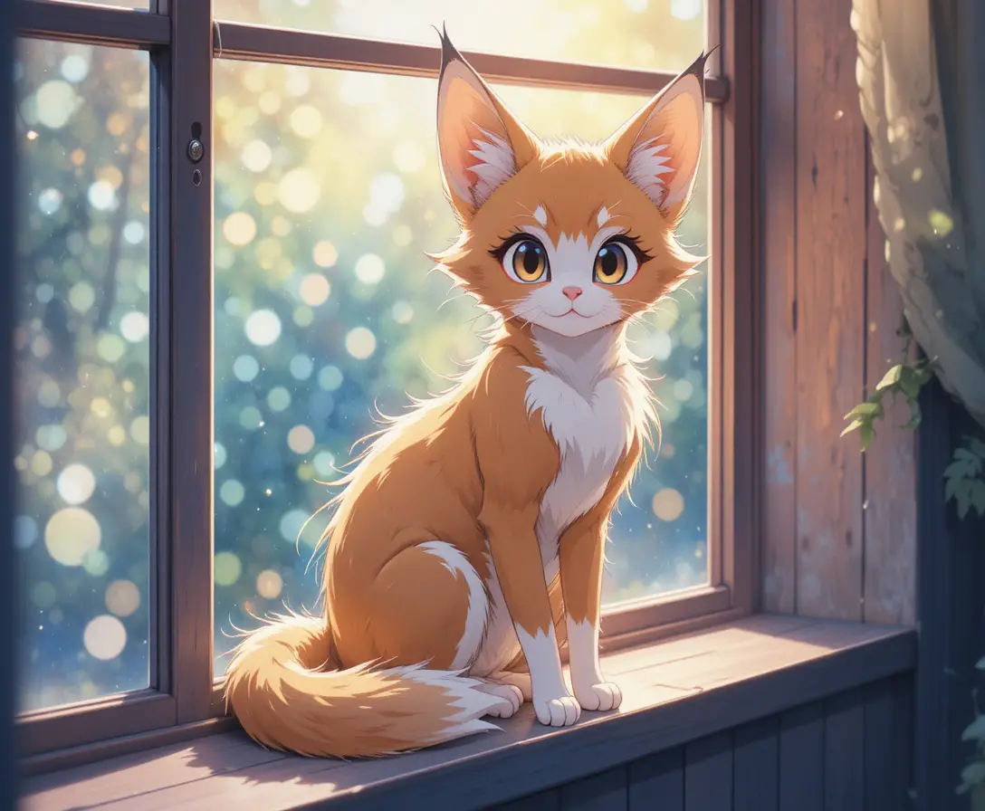 Verspielter Fuchs-Katzen-Hybrid auf einer leuchtenden Aquarell-Fensterbank