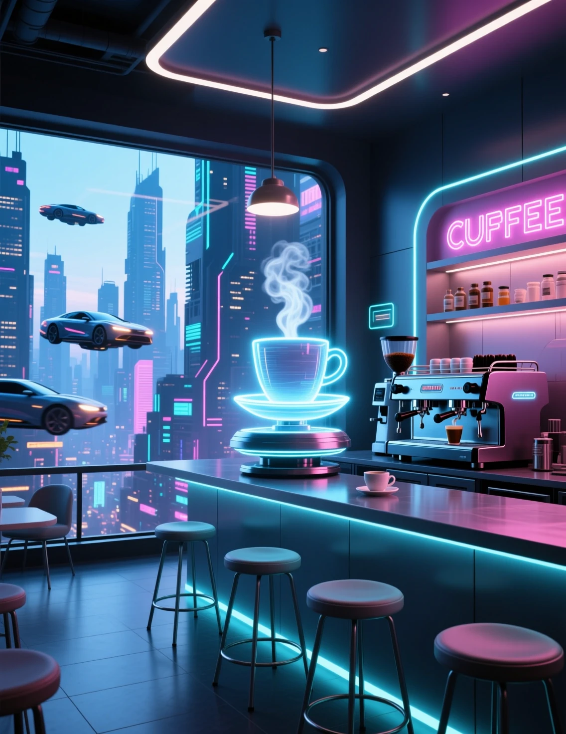 Futuristic Neon Coffee Shop With Holographic Projections