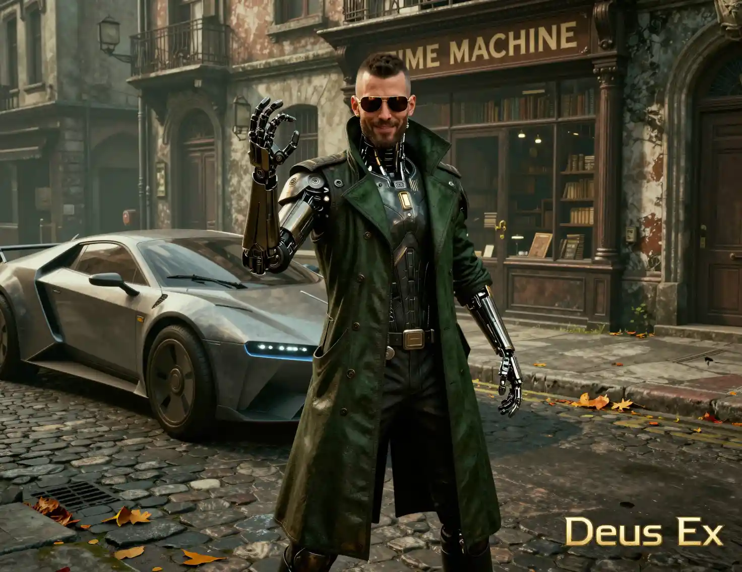 Augmentierter Detektiv posiert in einer cyberpunk-europäischen Straße