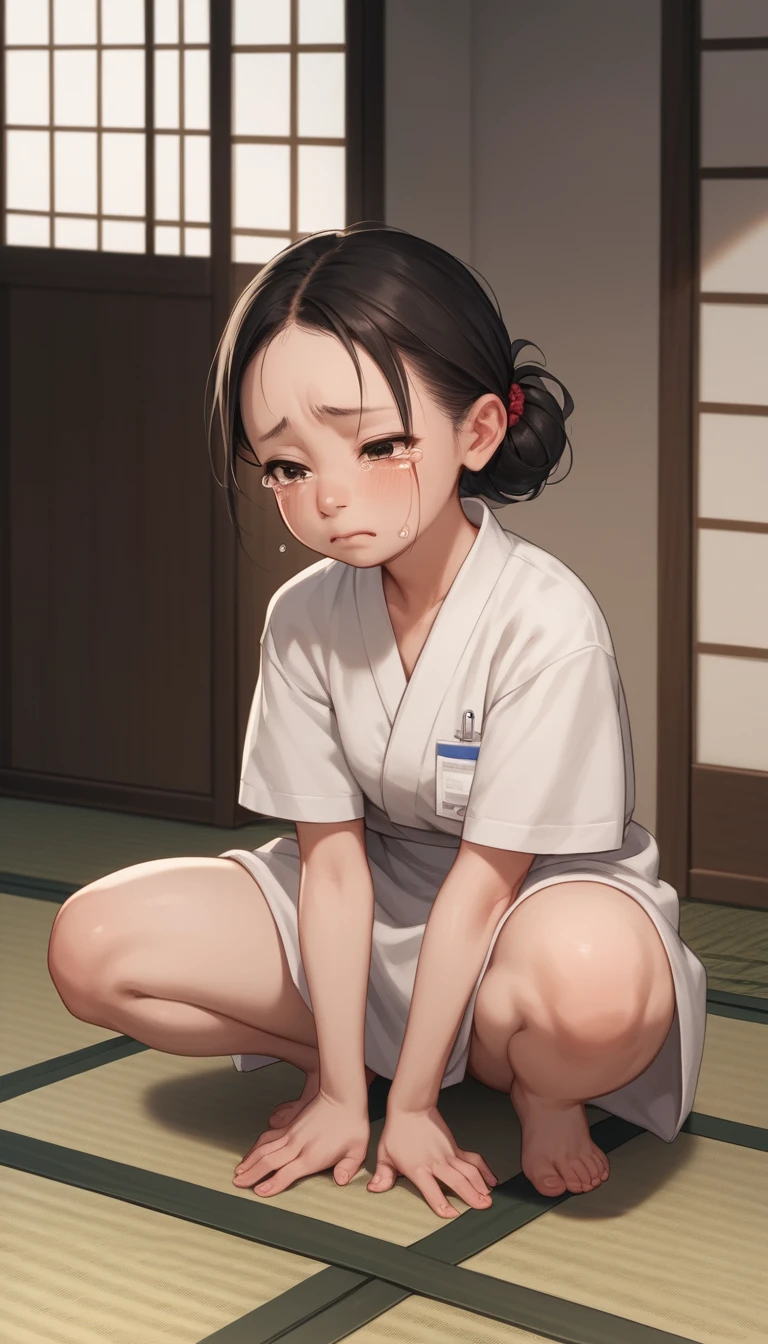 Pregnant Japanese woman cradling newborn on tatami floor